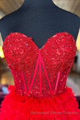 Red Sweetheart Sequins Top Multi-Layers Long Semi Formal Prom Dress,Tiered Semi Formal Prom Dresses